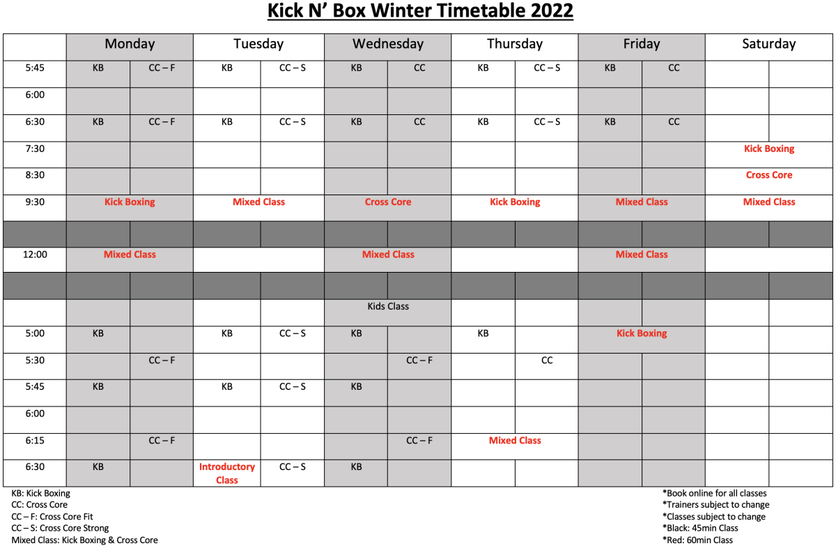 Timetable - Kick N' Box Fitness