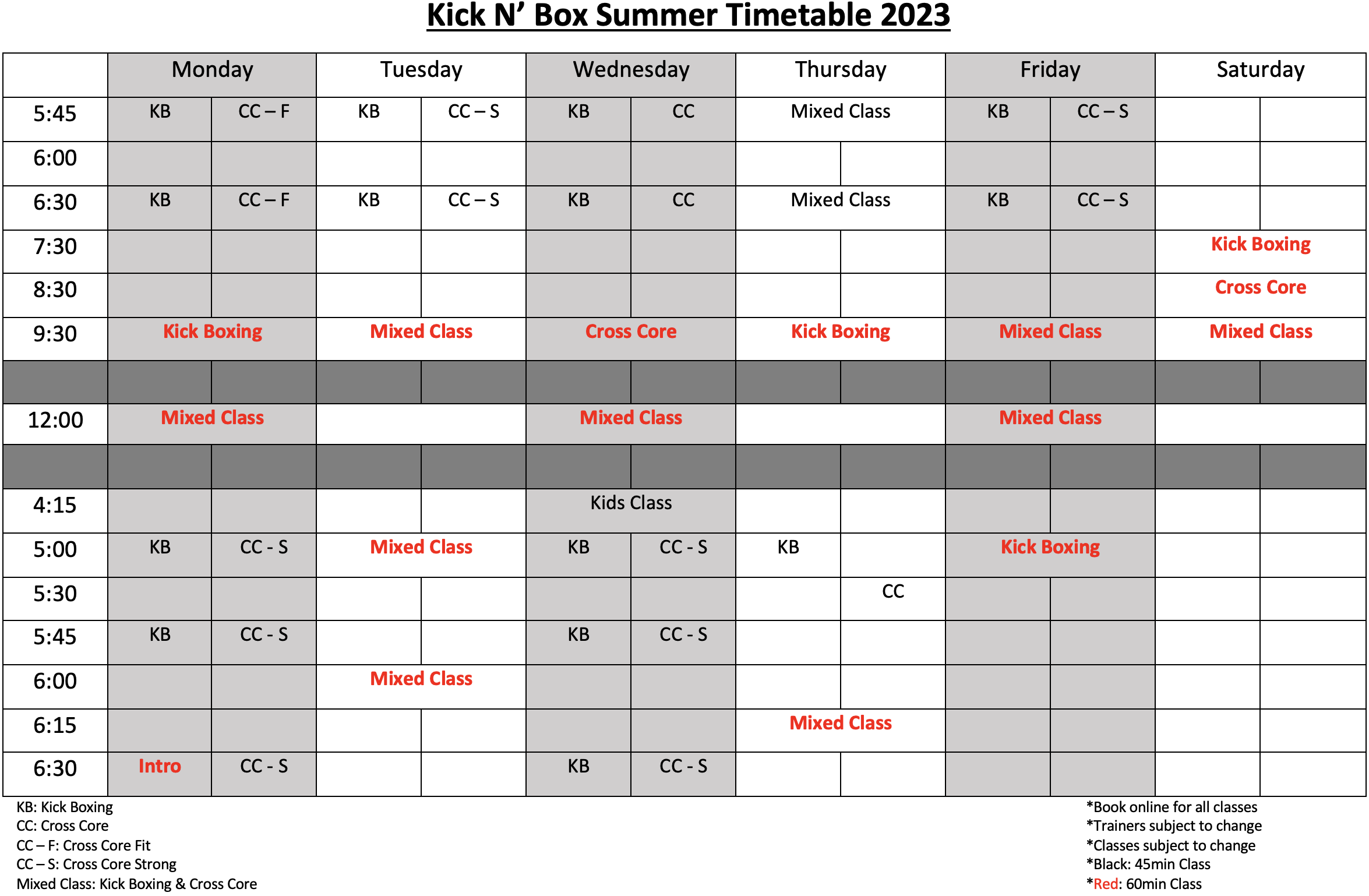 Timetable - Kick N' Box Fitness